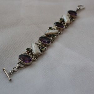 Genuine Amethyst, Pearl, Peridot Silver Bracelet